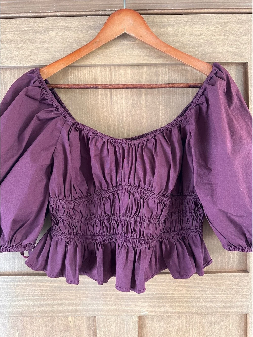 STAUD Faye Gathered Puff-Sleeve Crop Top Cotton in Plum Women’s size XL